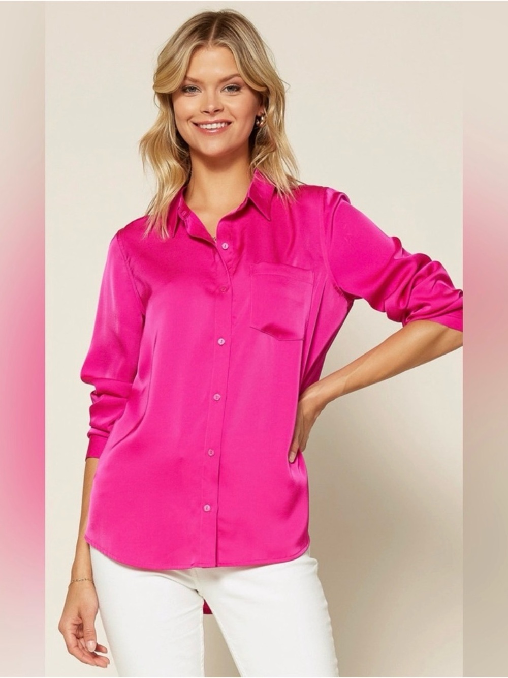 Pants Store Women's Magenta Button-Down Silk-Look Shirt